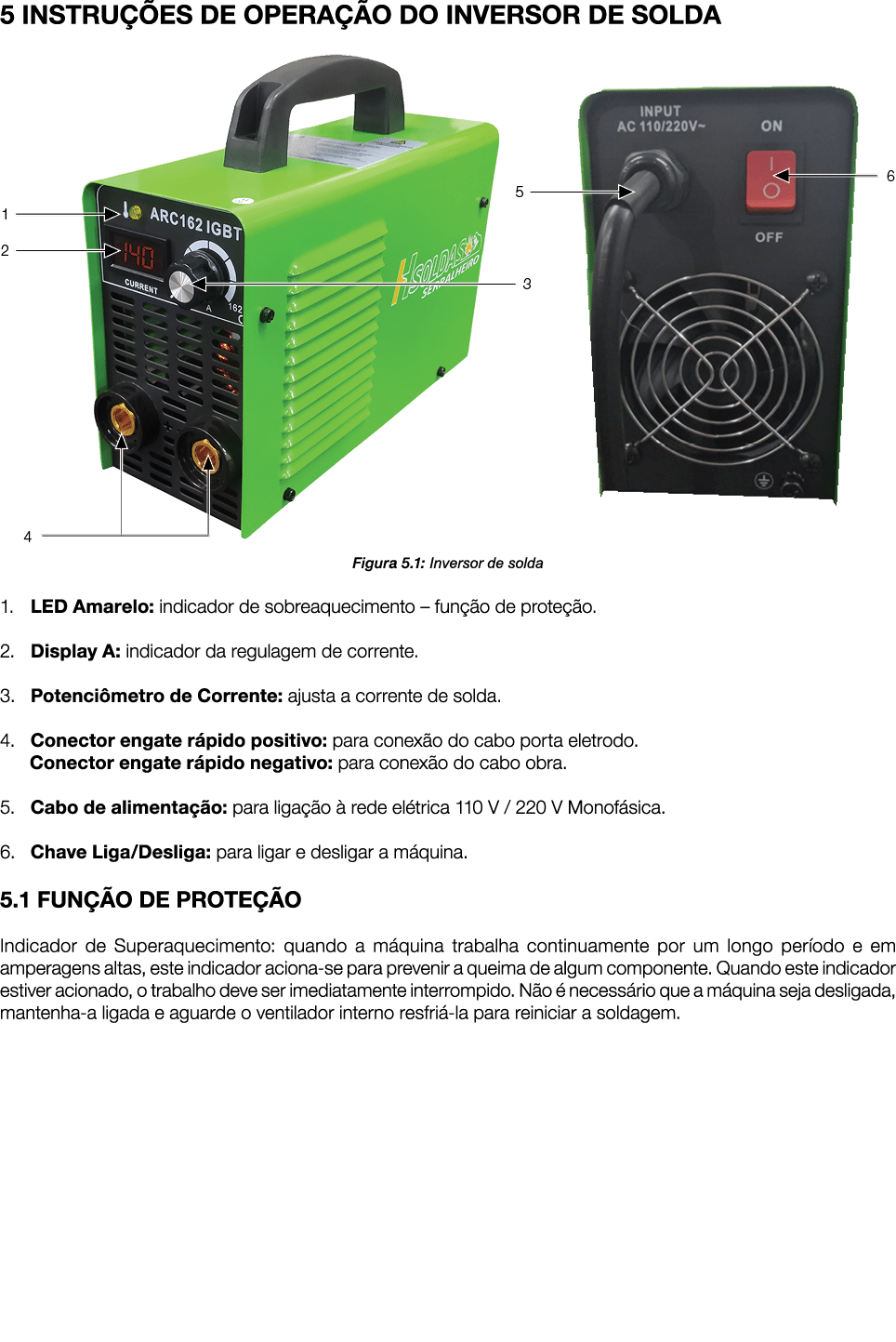 5 INSTRUÇÕES de OPERAÇÃO DO INVERSOR DE SOLDA  Figura 5 1: Inversor de solda 1  LED Amarelo: indicador de sobreaqueci   