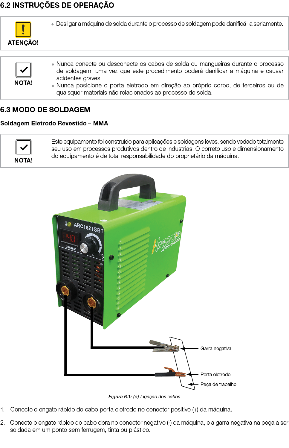6 2 INSTRUÇÕES DE OPERAÇÃO     6 3 MODO DE SOLDAGEM Soldagem Eletrodo Revestido   MMA    Figura 6 1: (a) Ligação dos    