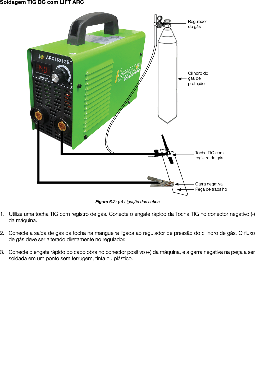 Soldagem TIG DC com LIFT ARC  Figura 6 2: (b) Ligação dos cabos 1  Utilize uma tocha TIG com registro de gás  Conecte   