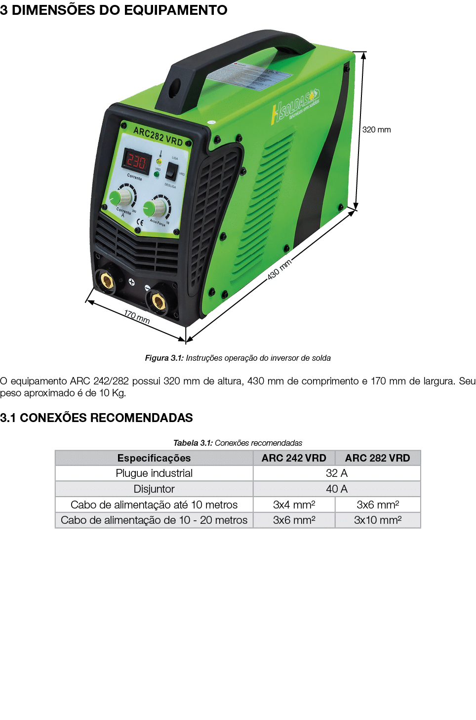 3 DIMENS ES DO EQUIPAMENTO ￼ Figura 3.1: Instru es opera  o do inversor de solda O equipamento ARC 242/282 possui 32...