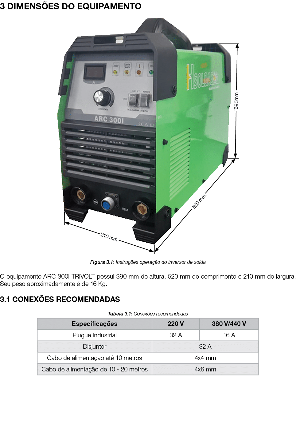 3 DIMENS ES DO EQUIPAMENTO ￼ Figura 3.1: Instru es opera  o do inversor de solda O equipamento ARC 300I TRIVOLT poss...