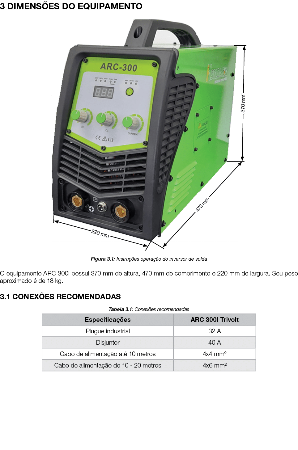3 DIMENSÕES DO EQUIPAMENTO  Figura 3 1: Instruções operação do inversor de solda O equipamento ARC 300I possui 370 mm   