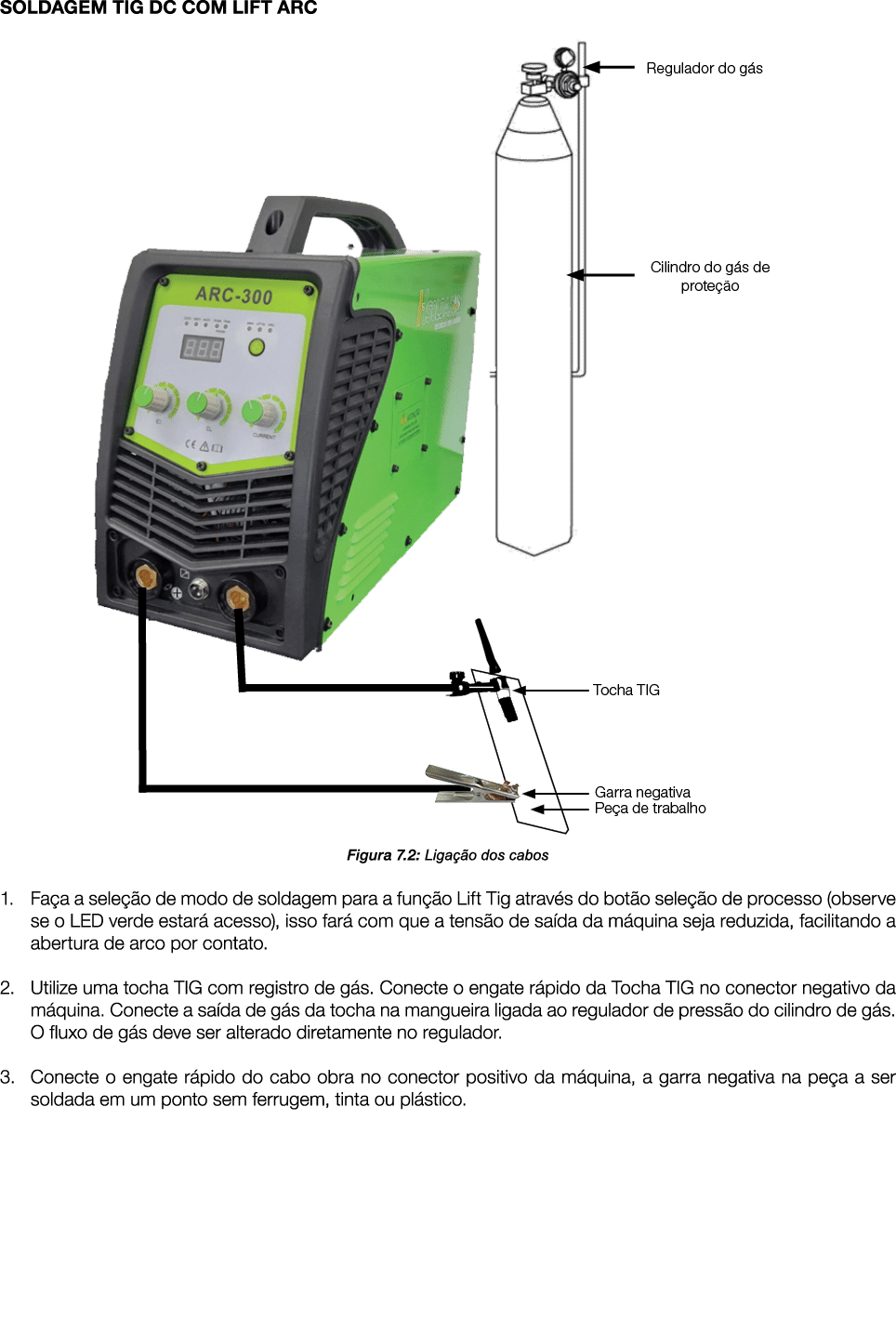 SOLDAGEM TIG DC COM LIFT ARC  Figura 7 2: Ligação dos cabos 1  Faça a seleção de modo de soldagem para a função Lift    