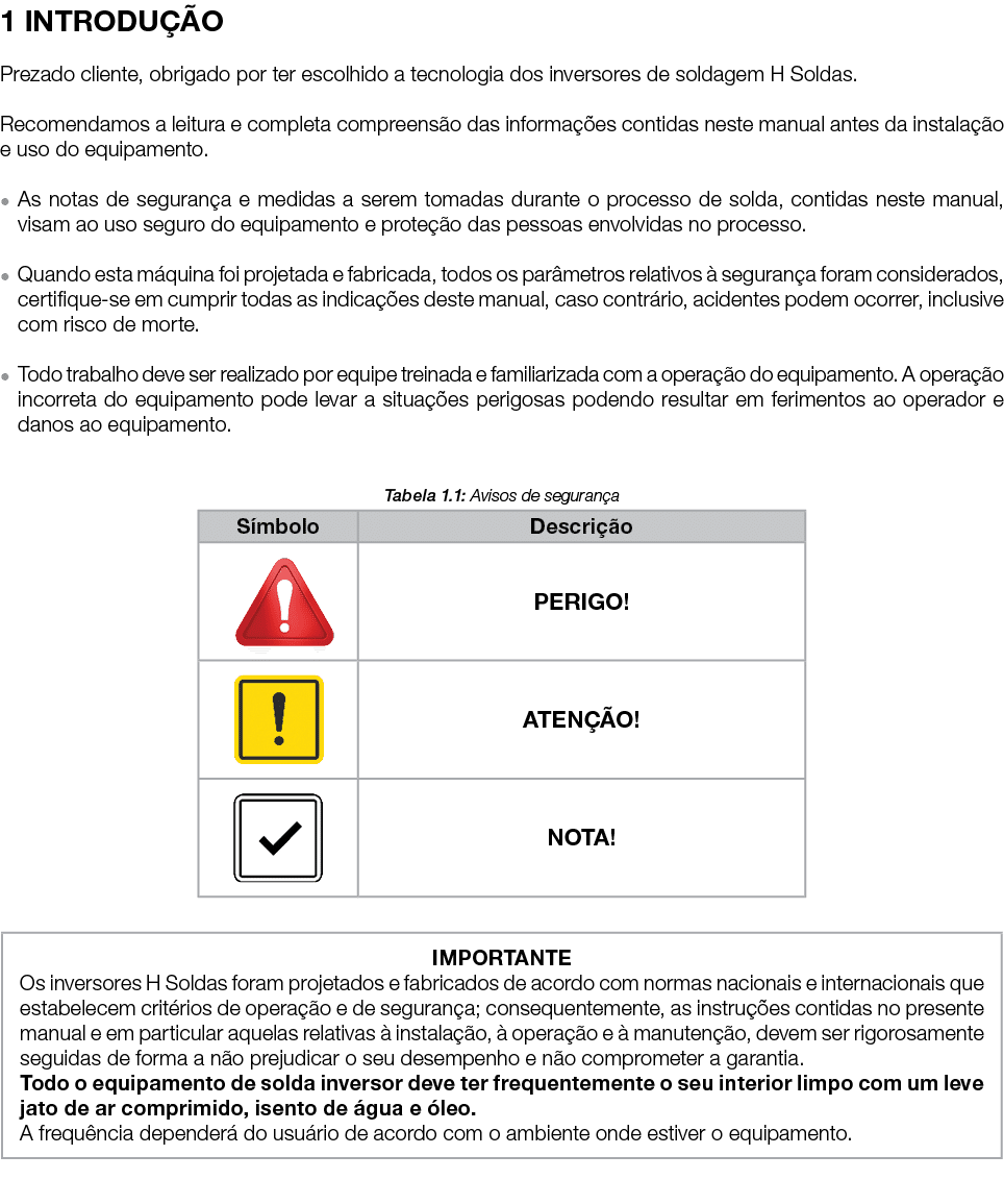 1 INTRODUÇÃO Prezado cliente, obrigado por ter escolhido a tecnologia dos inversores de soldagem H Soldas  Recomendam   