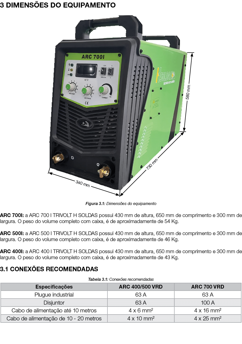 3 DIMENSÕES DO EQUIPAMENTO  Figura 3 1: Dimensões do equipamento ARC 700I: a ARC 700 I TRIVOLT H SOLDAS possui 430 mm   