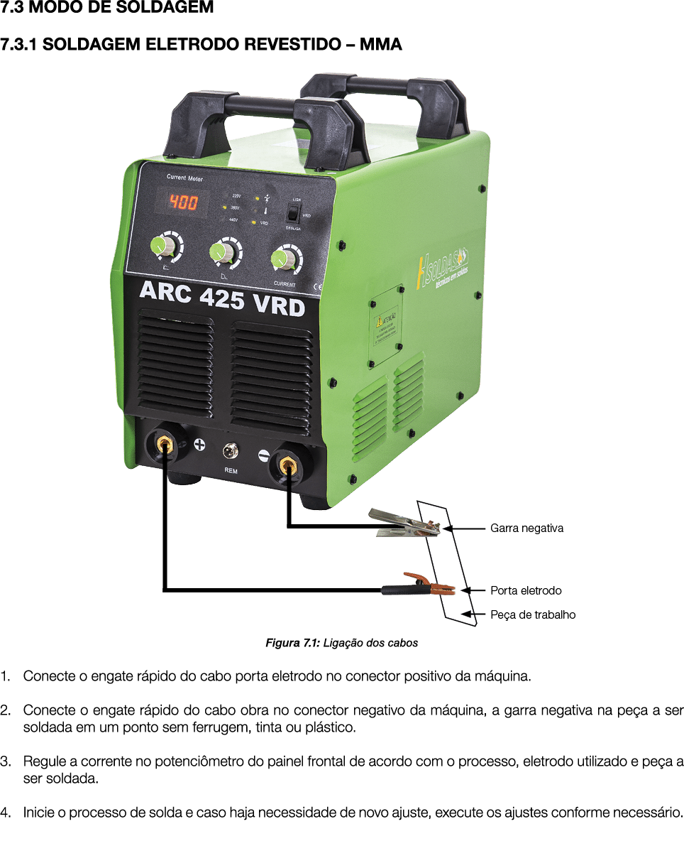 7.3 MODO DE SOLDAGEM 7.3.1 SOLDAGEM ELETRODO REVESTIDO – MMA ￼ Figura 7.1: Liga o dos cabos 1. Conecte o engate r pi...