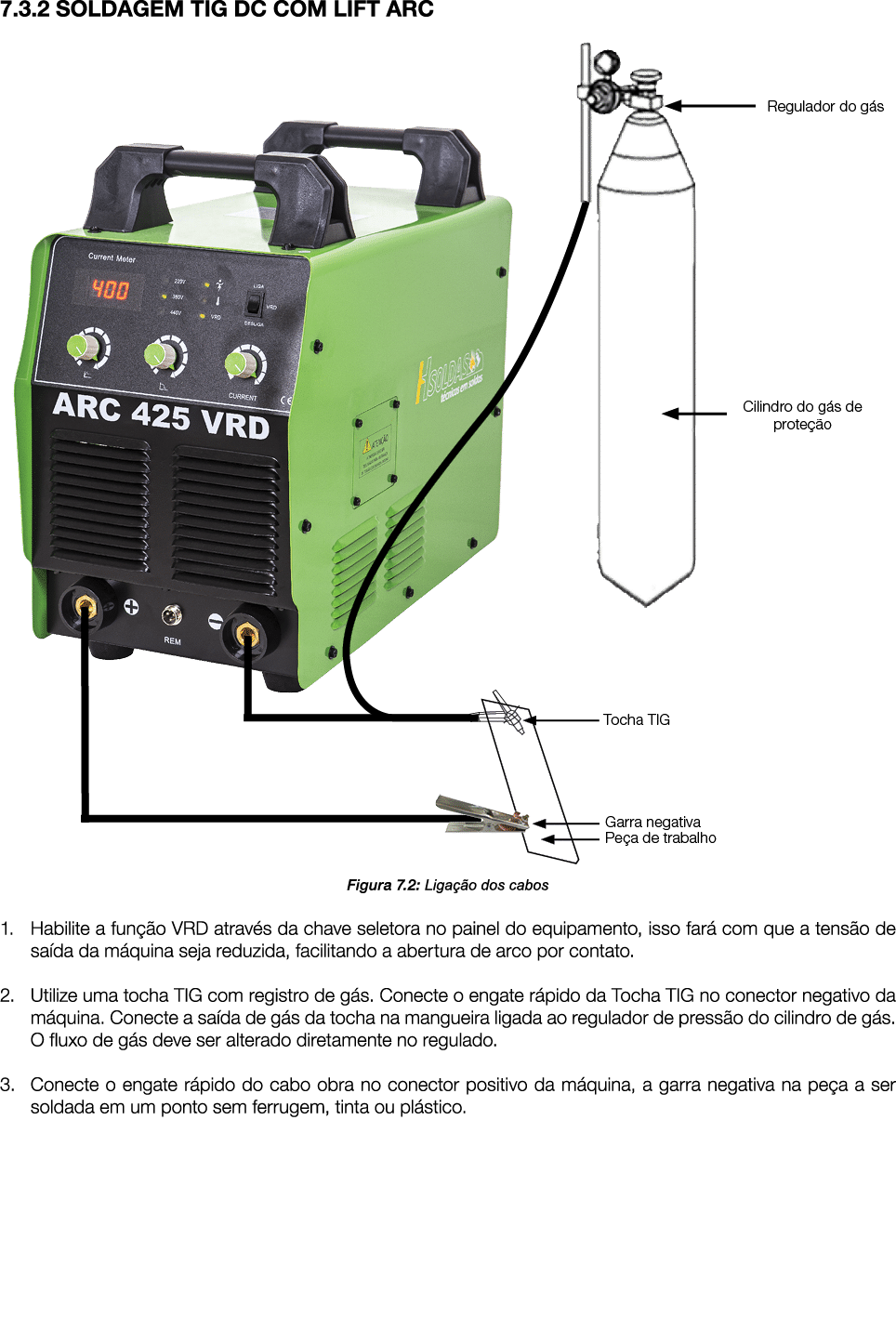 7.3.2 SOLDAGEM TIG DC COM LIFT ARC ￼ Figura 7.2: Liga o dos cabos 1. Habilite a fun  o VRD atrav s da chave seletora...