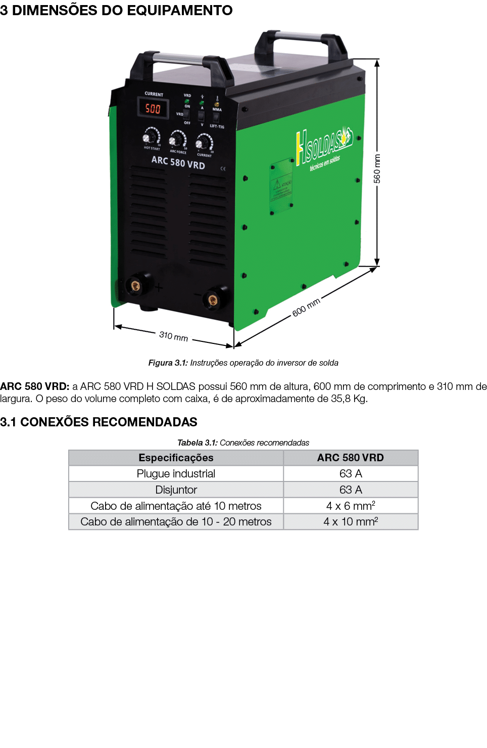 3 DIMENS ES DO EQUIPAMENTO ￼ Figura 3.1: Instru es opera  o do inversor de solda ARC 580 VRD: a ARC 580 VRD H SOLDAS...