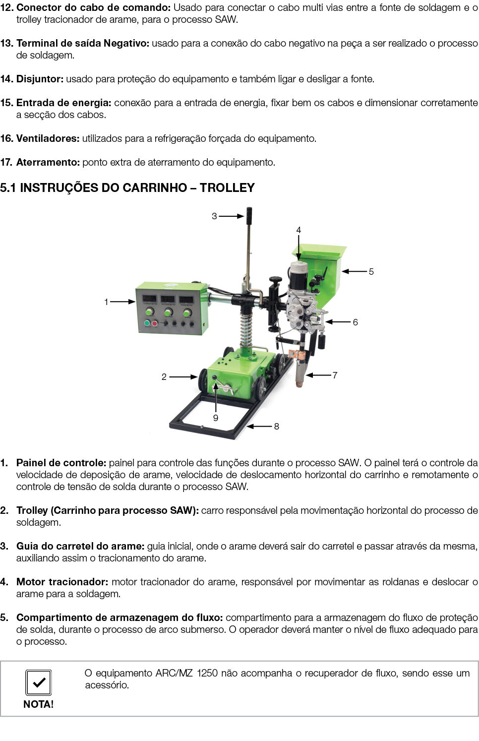 12. Conector do cabo de comando: Usado para conectar o cabo multi vias entre a fonte de soldagem e o trolley traciona...