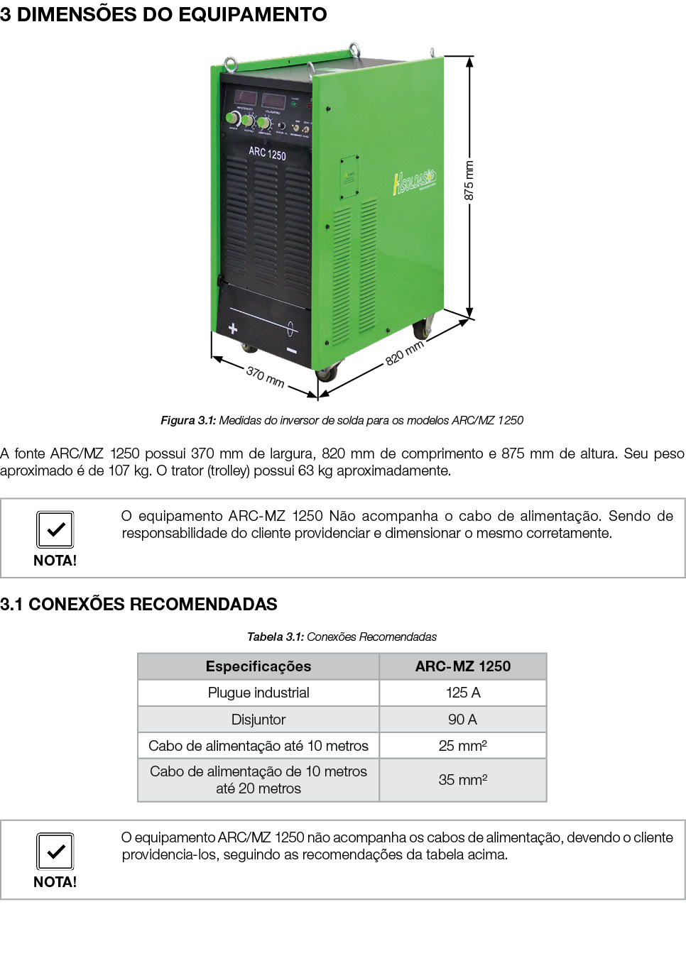 3 DIMENS ES DO EQUIPAMENTO ￼ Figura 3.1: Medidas do inversor de solda para os modelos ARC/MZ 1250 A fonte ARC/MZ 1250...