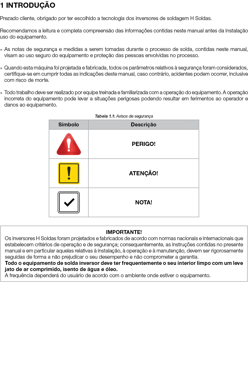 1 INTRODU O Prezado cliente, obrigado por ter escolhido a tecnologia dos inversores de soldagem H Soldas. Recomendam...