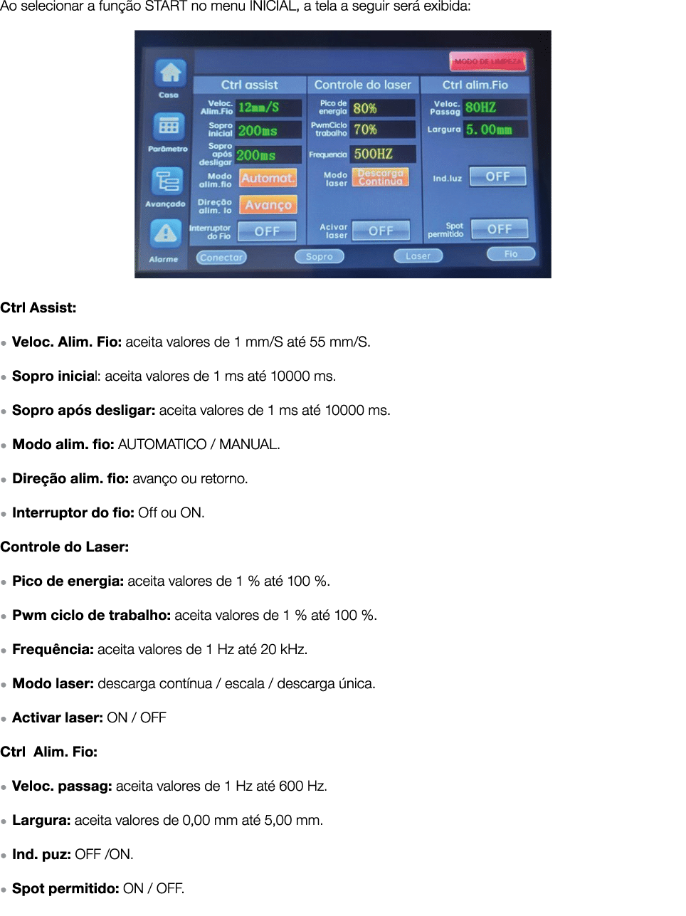 Ao selecionar a fun o START no menu INICIAL, a tela a seguir ser  exibida: ￼ Ctrl Assist: ● Veloc. Alim. Fio: aceita...