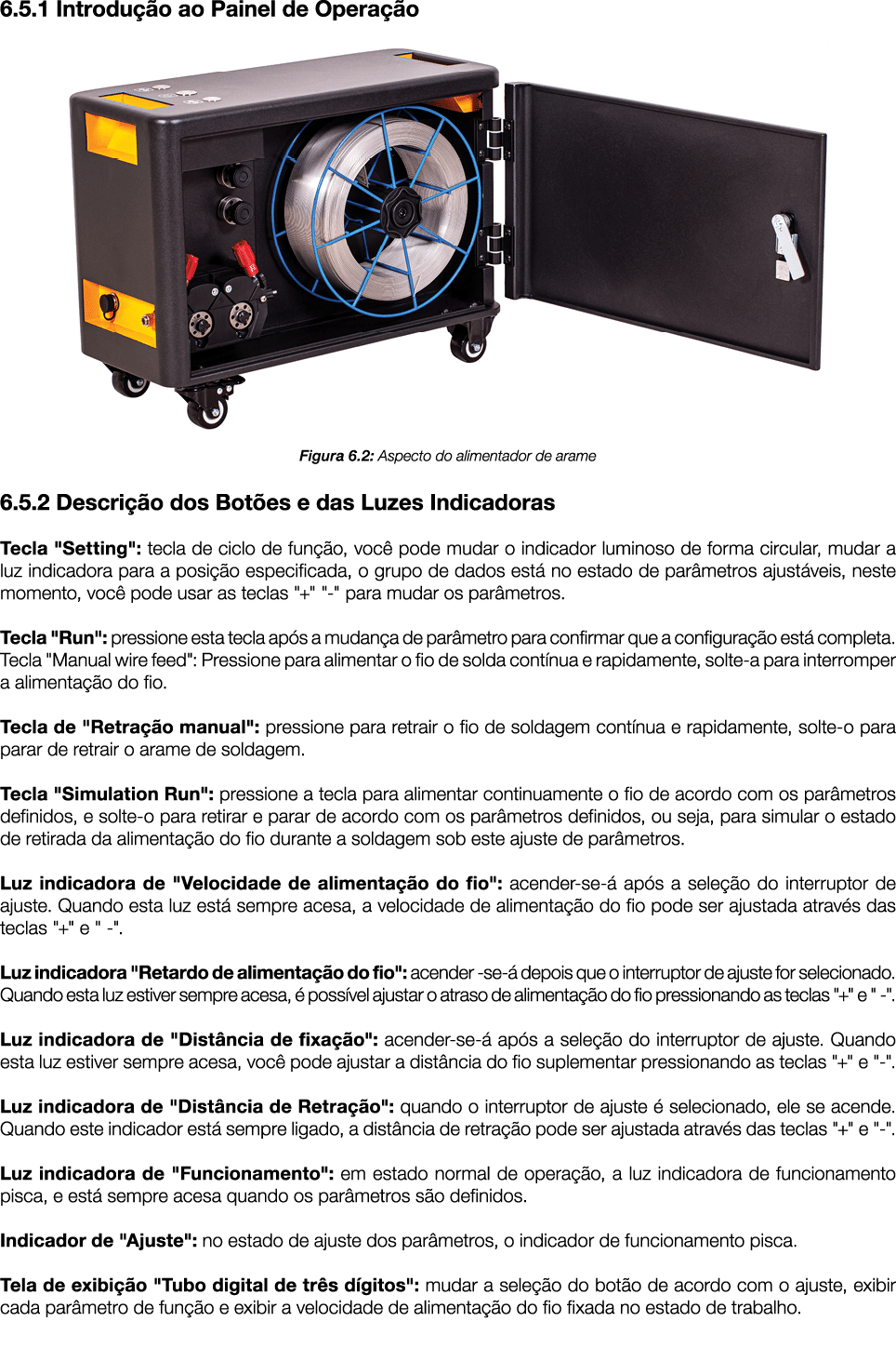 6 5 1 Introdução ao Painel de Operação  Figura 6 2: Aspecto do alimentador de arame 6 5 2 Descrição dos Botões e das    