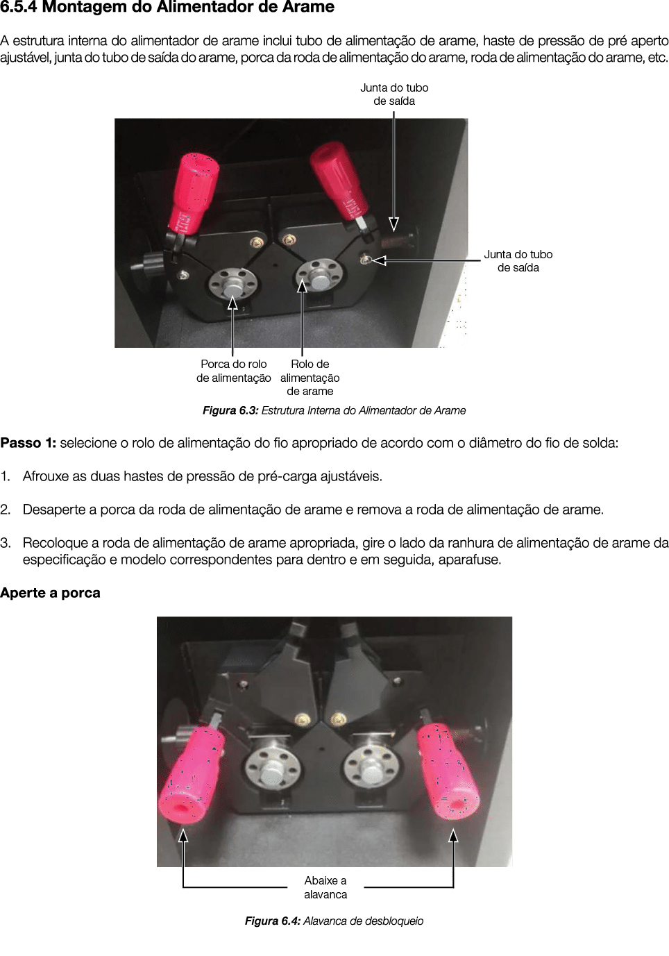 6 5 4 Montagem do Alimentador de Arame A estrutura interna do alimentador de arame inclui tubo de alimentação de aram   