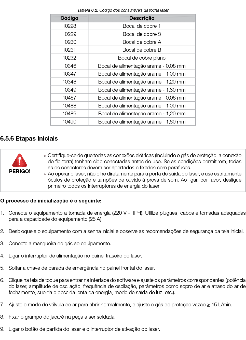 Tabela 6 2: Código dos consumíveis da tocha laser  6 5 6 Etapas Iniciais   O processo de inicialização é o seguinte:   