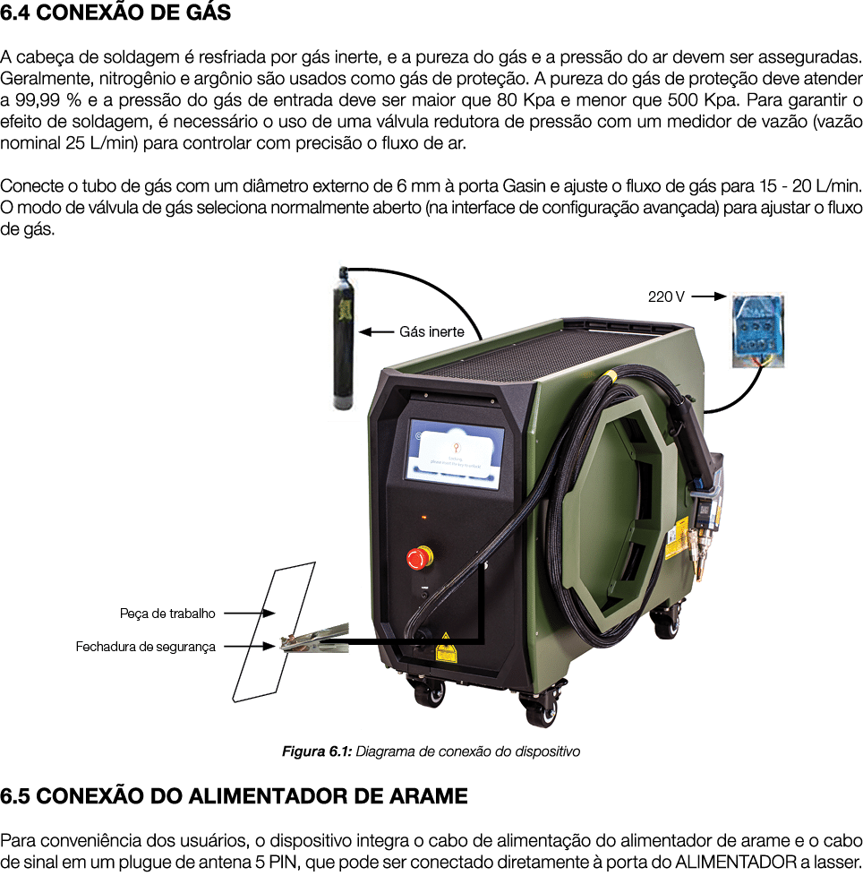 6 4 CONEXÃO DE GÁS A cabeça de soldagem é resfriada por gás inerte, e a pureza do gás e a pressão do ar devem ser ass   