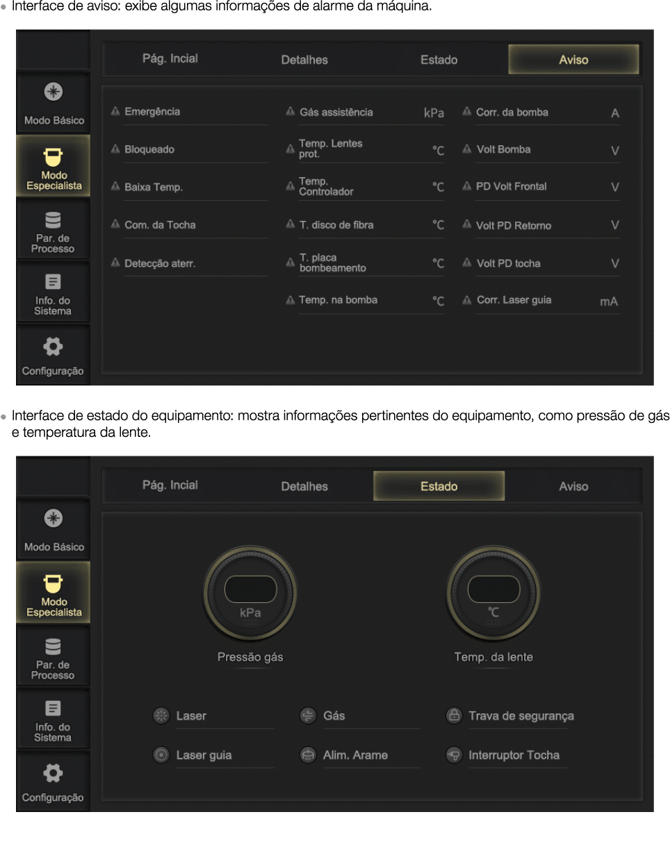   Interface de aviso: exibe algumas informações de alarme da máquina      Interface de estado do equipamento: mostra    
