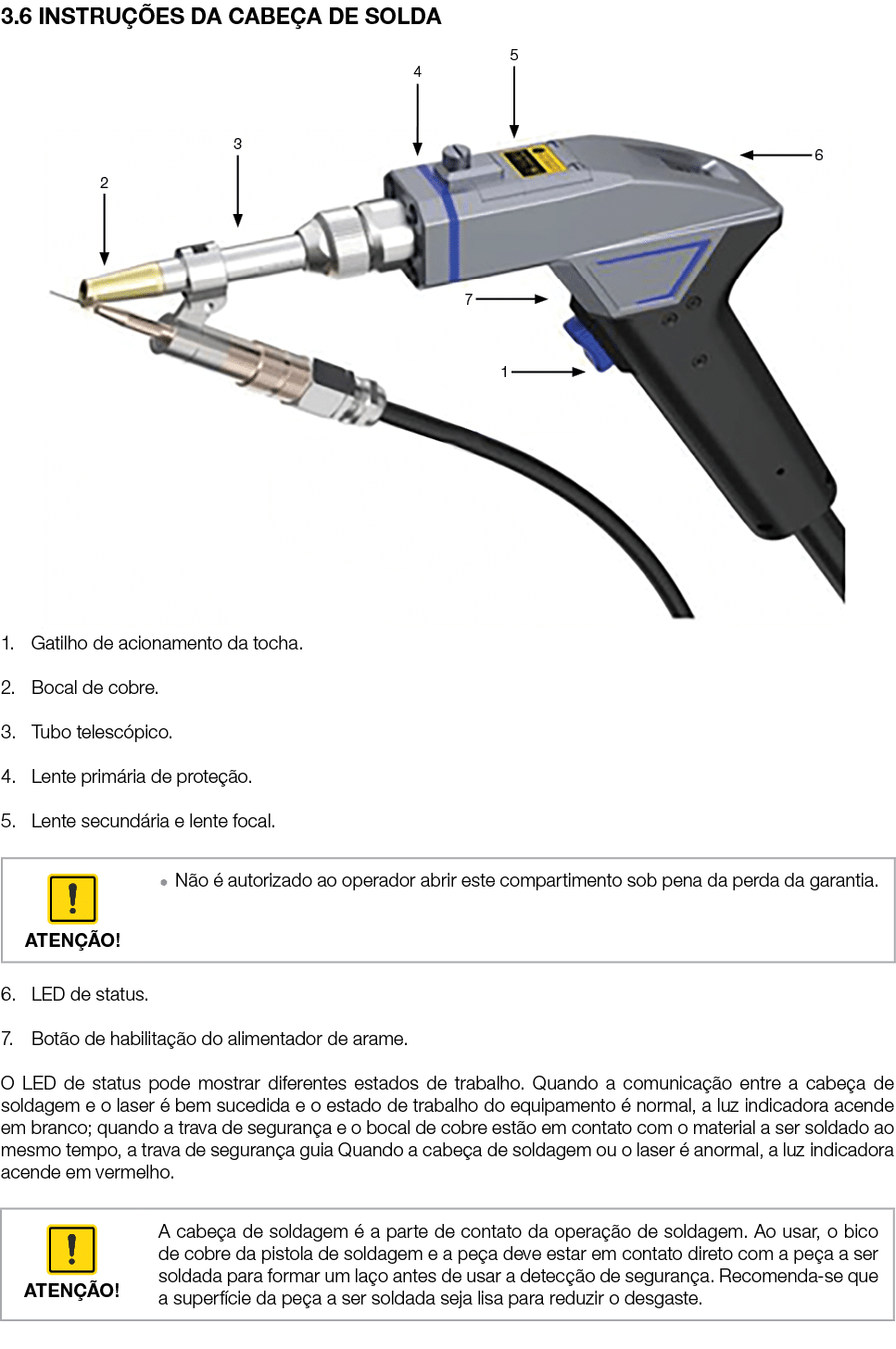 3 6 INSTRUÇÕES DA CABEÇA DE SOLDA  1  Gatilho de acionamento da tocha  2  Bocal de cobre  3  Tubo telescópico  4  Len   