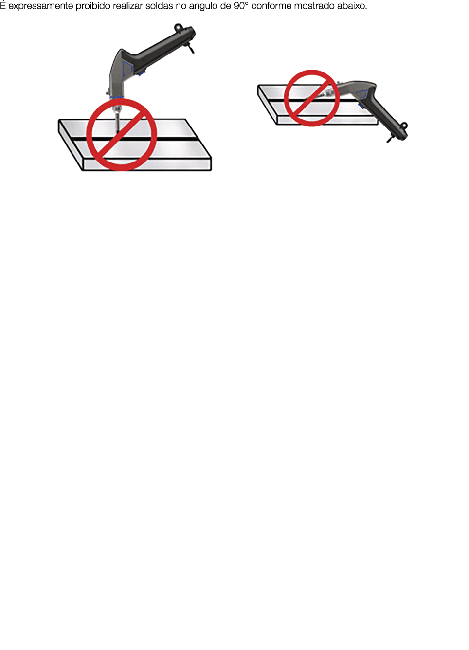 É expressamente proibido realizar soldas no angulo de 90  conforme mostrado abaixo   