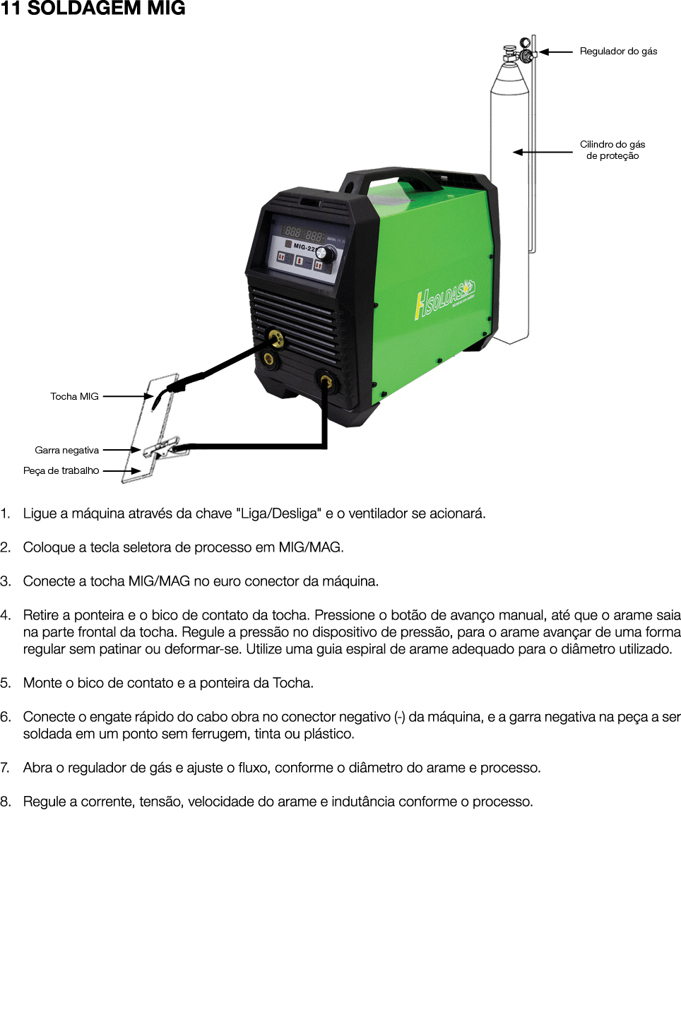 11 SOLDAGEM MIG ￼ 1. Ligue a m quina atrav s da chave \“Liga/Desliga\" e o ventilador se acionar . 2. Coloque a tecla...