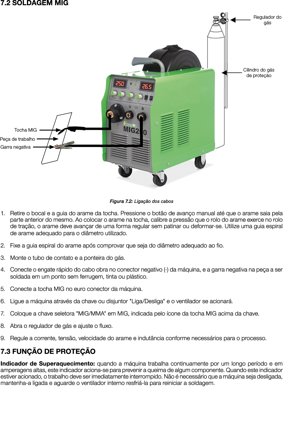 7.2 SOLDAGEM MIG ￼ Figura 7.2: Liga o dos cabos 1. Retire o bocal e a guia do arame da tocha. Pressione o bot o de a...