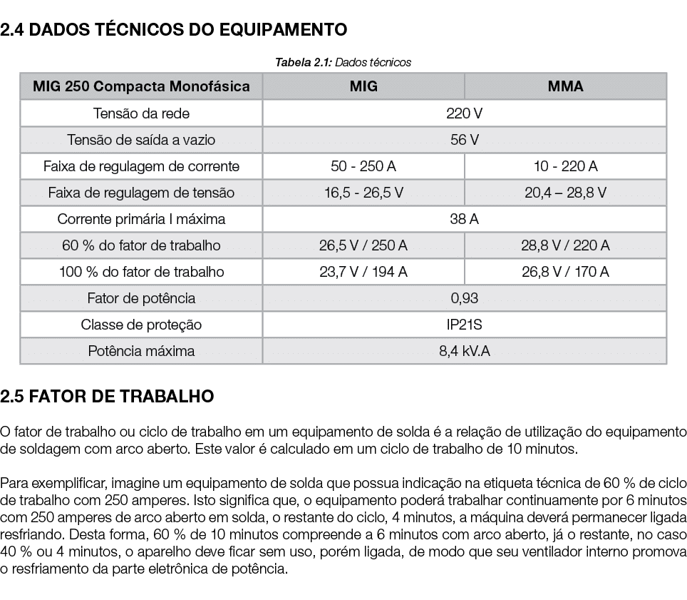  2.4 DADOS T CNICOS DO EQUIPAMENTO Tabela 2.1: Dados t cnicos 2.5 FATOR DE TRABALHO O fator de trabalho ou ciclo de t...