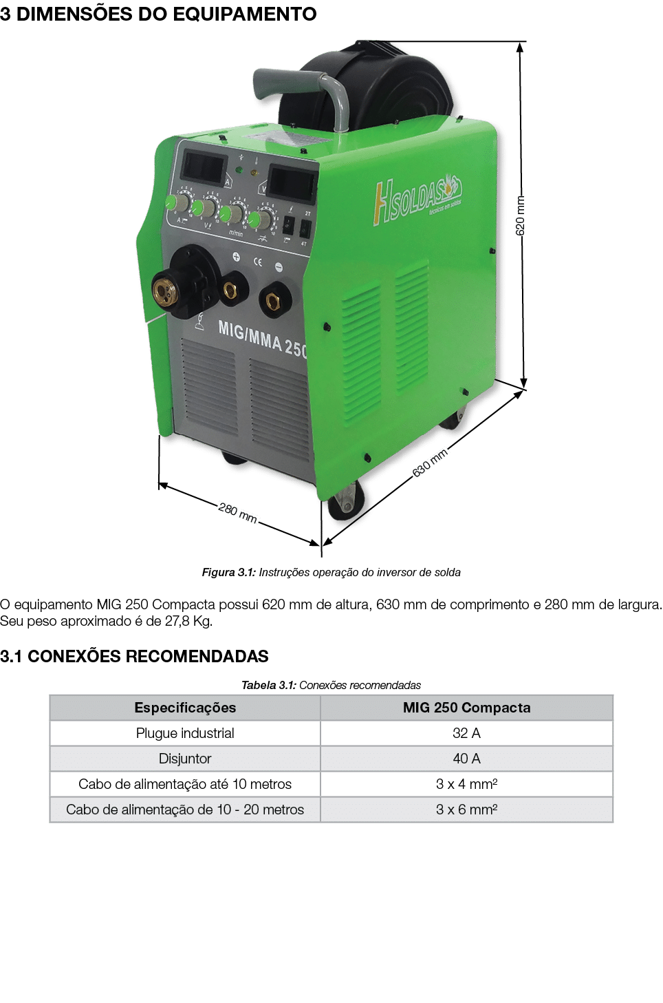 3 DIMENS ES DO EQUIPAMENTO ￼ Figura 3.1: Instru es opera  o do inversor de solda O equipamento MIG 250 Compacta poss...