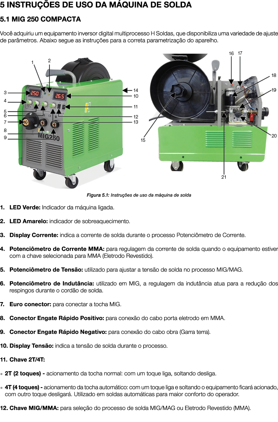 5 INSTRU ES DE USO DA M QUINA DE SOLDA 5.1 MIG 250 COMPACTA Voc  adquiriu um equipamento inversor digital multiproce...