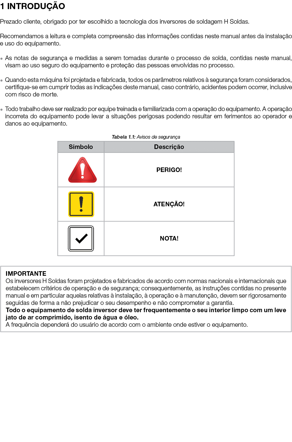 1 INTRODU O Prezado cliente, obrigado por ter escolhido a tecnologia dos inversores de soldagem H Soldas. Recomendam...