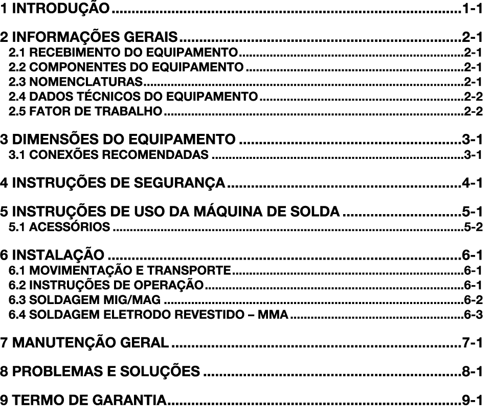1 INTRODU O 1 1 2 INFORMA  ES GERAIS 2 1 2.1 RECEBIMENTO DO EQUIPAMENTO 2 1 2.2 COMPONENTES DO EQUIPAMENTO 2 1 2.3 N...