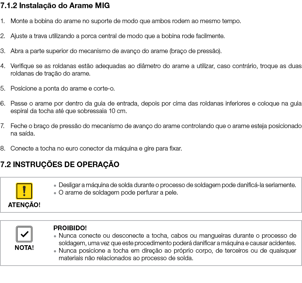 7 1 2 Instalação do Arame MIG 1  Monte a bobina do arame no suporte de modo que ambos rodem ao mesmo tempo  2  Ajuste   