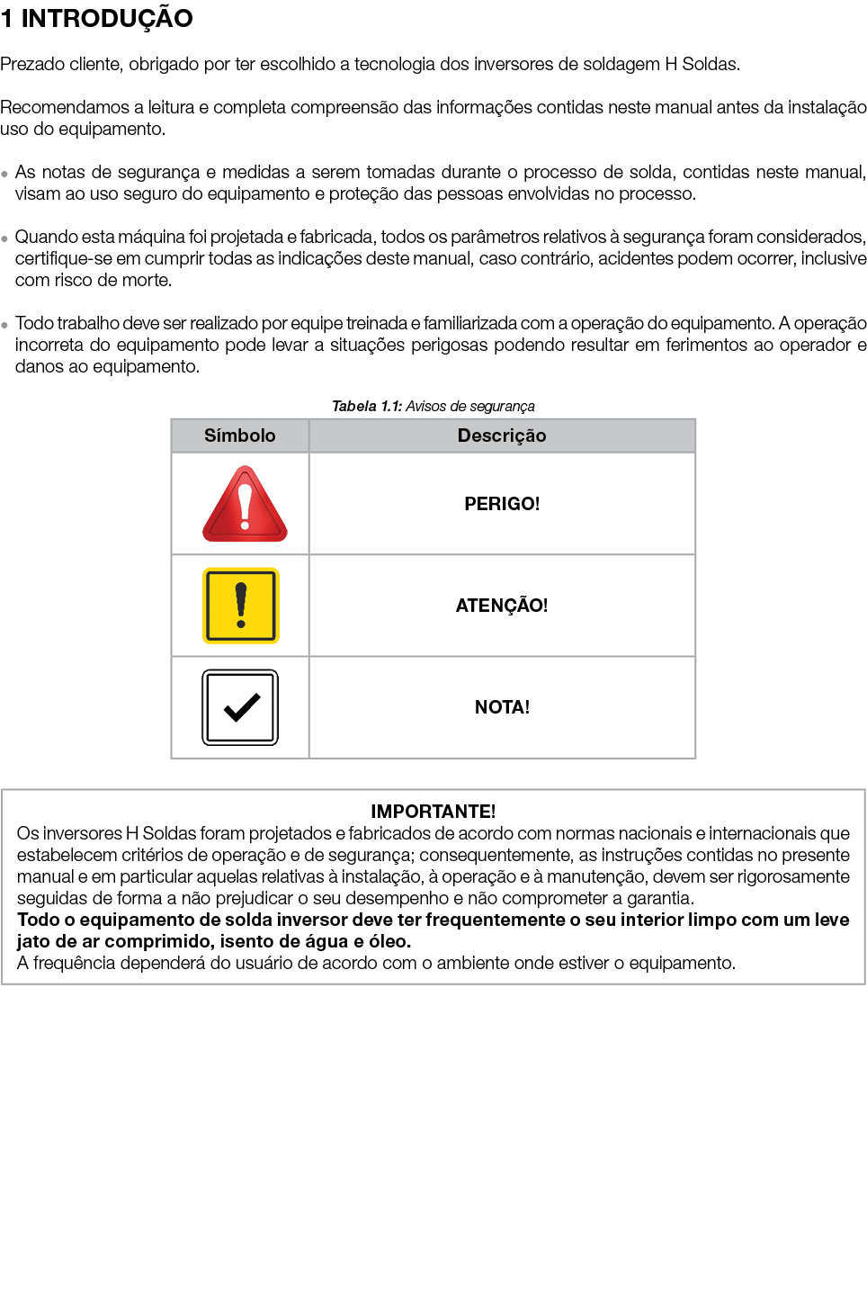 1 INTRODU O Prezado cliente, obrigado por ter escolhido a tecnologia dos inversores de soldagem H Soldas. Recomendam...