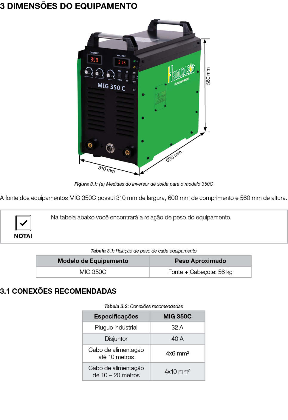 3 DIMENS ES DO EQUIPAMENTO ￼ Figura 3.1: (a) Medidas do inversor de solda para o modelo 350C A fonte dos equipamentos...