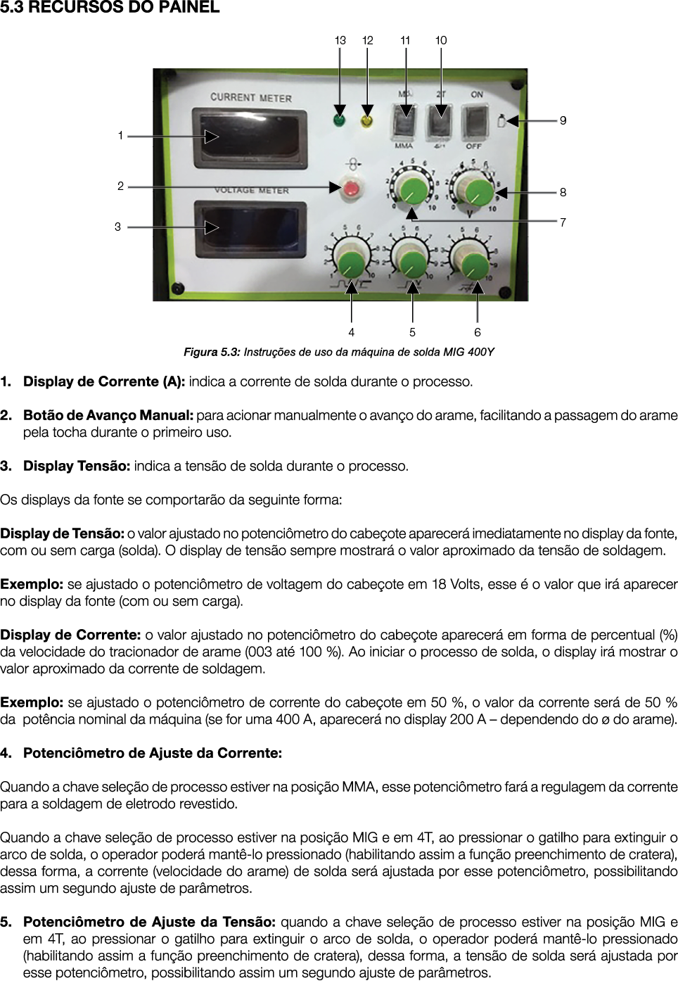 5.3 RECURSOS DO PAINEL ￼ Figura 5.3: Instru es de uso da m quina de solda MIG 400Y 1. Display de Corrente (A): indic...