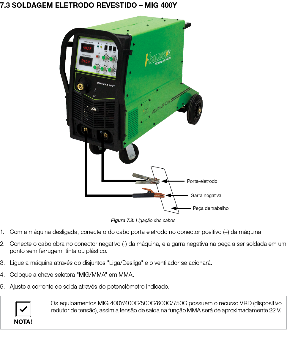 7.3 SOLDAGEM ELETRODO REVESTIDO – MIG 400Y ￼ Figura 7.3: Liga o dos cabos 1. Com a m quina desligada, conecte o do c...