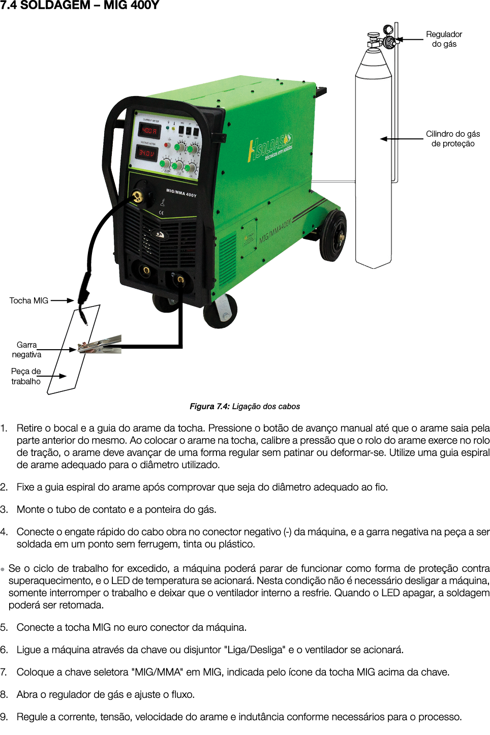 7.4 SOLDAGEM – MIG 400Y ￼ Figura 7.4: Liga o dos cabos 1. Retire o bocal e a guia do arame da tocha. Pressione o bot...