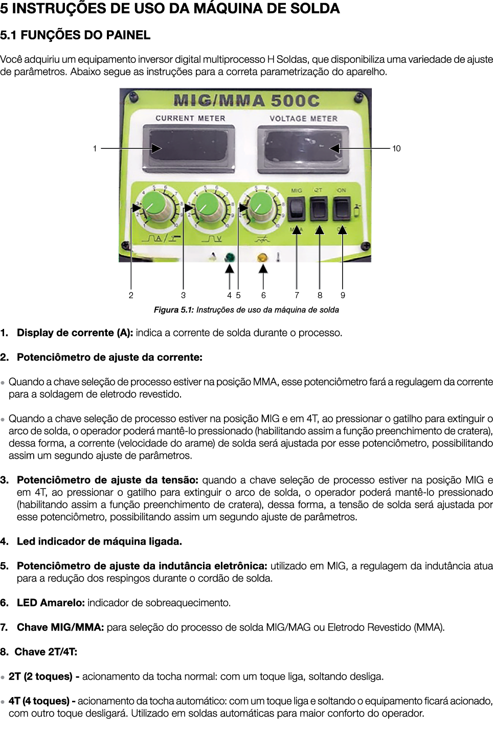5 INSTRU ES DE USO DA M QUINA DE SOLDA 5.1 FUN  ES DO PAINEL Voc  adquiriu um equipamento inversor digital multiproc...