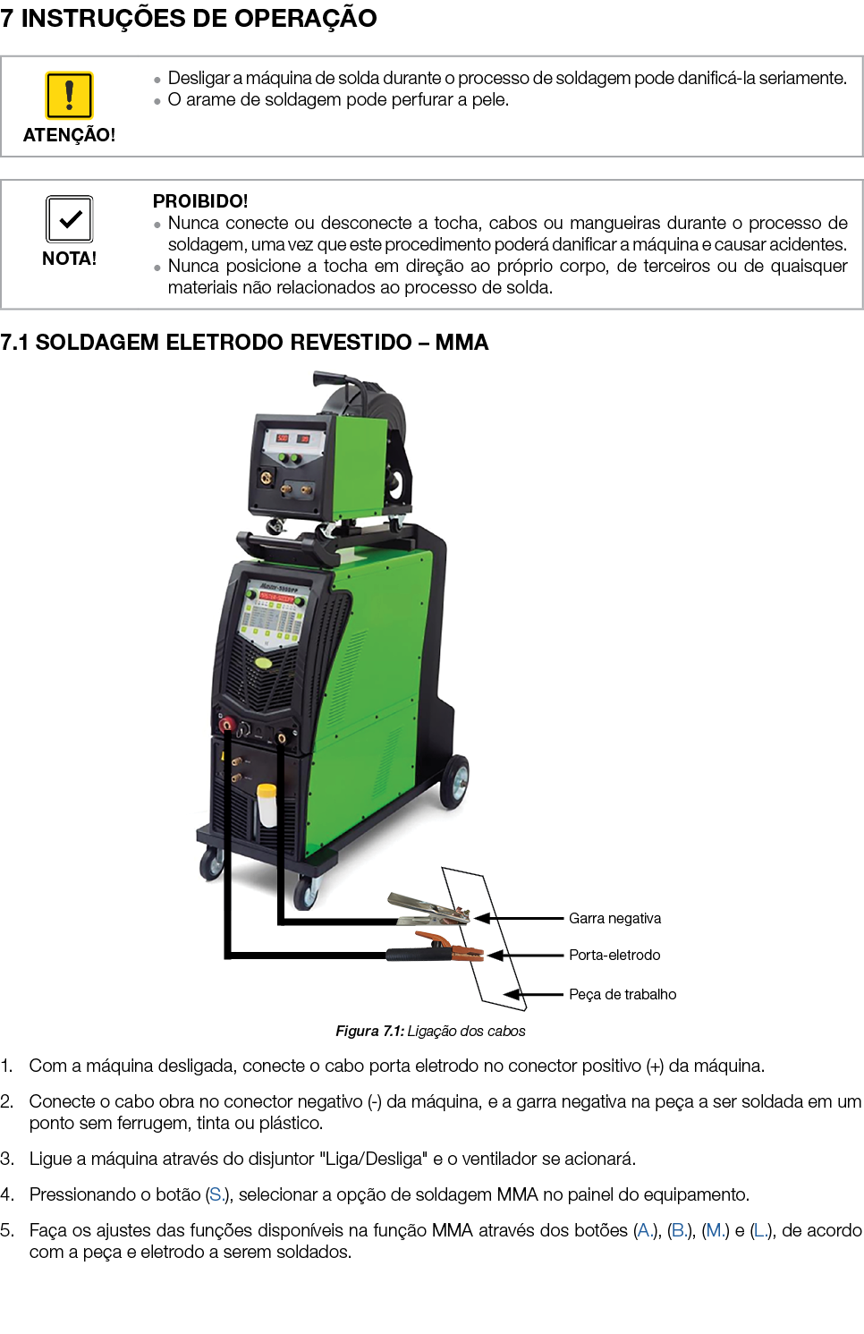 7 INSTRUÇÕES DE OPERAÇÃO     7 1 SOLDAGEM ELETRODO REVESTIDO   MMA  Figura 7 1: Ligação dos cabos 1  Com a máquina de   