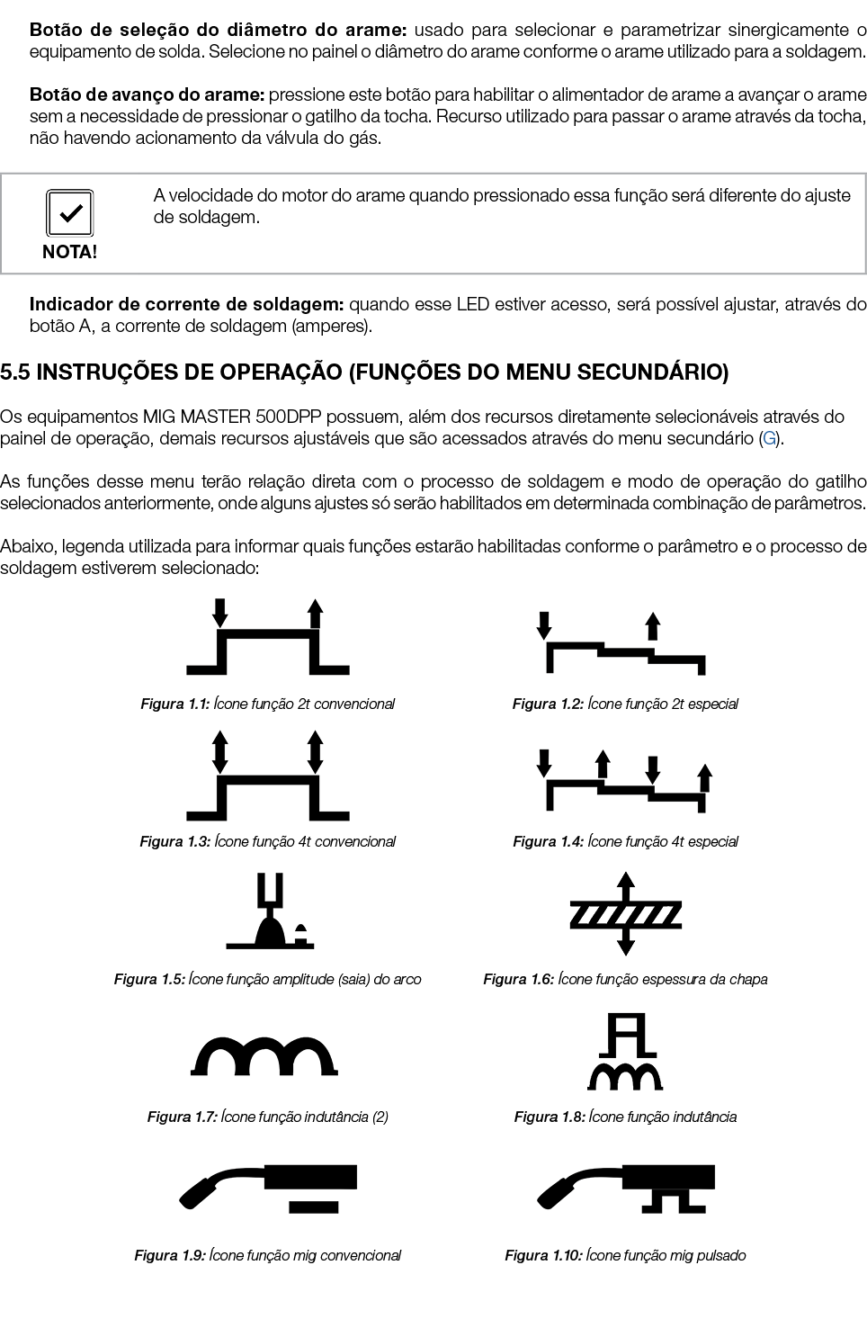  Botão de seleção do diâmetro do arame: usado para selecionar e parametrizar sinergicamente o equipamento de solda  S   