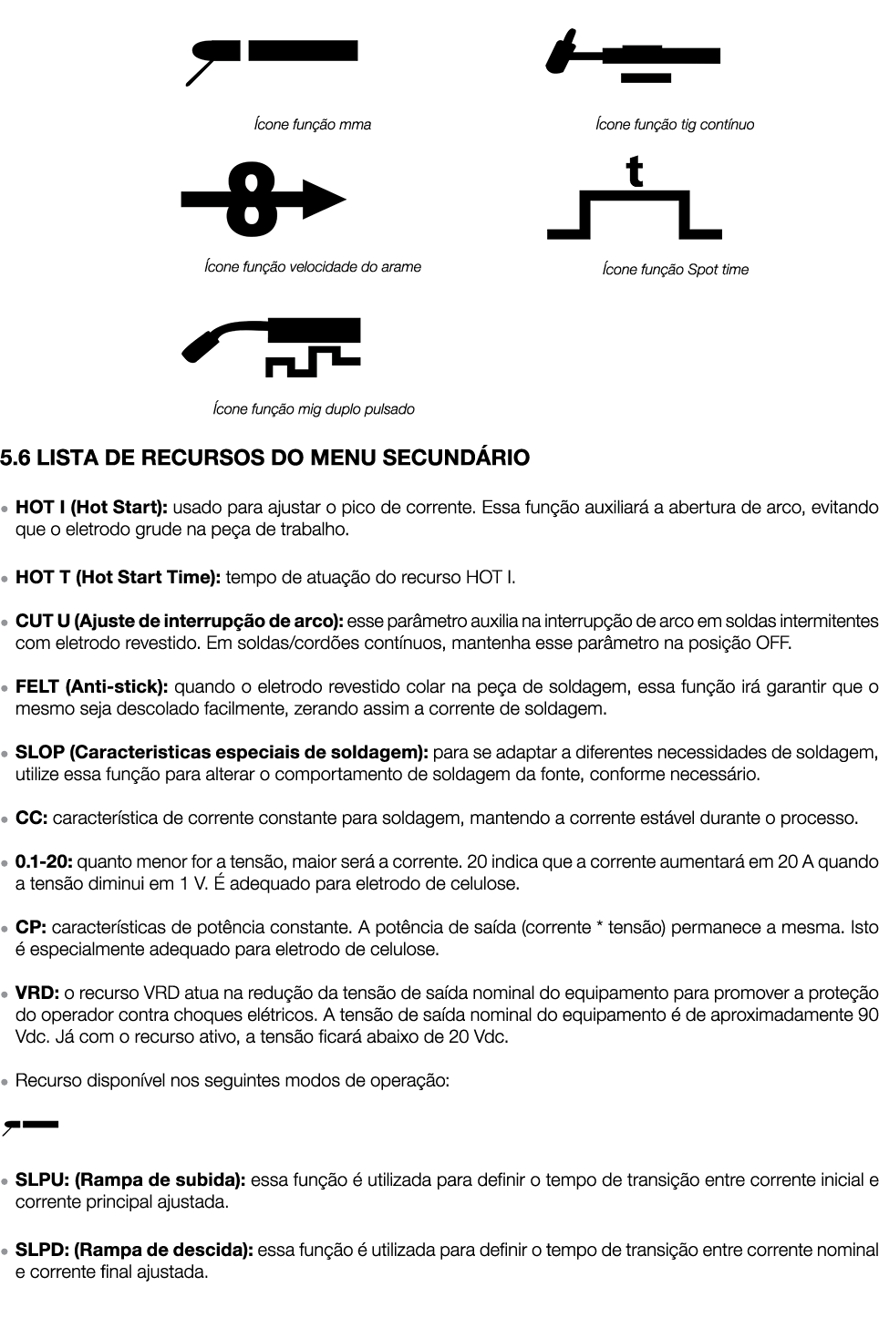  5 6  LISTA DE RECURSOS DO MENU SECUNDÁRIO   HOT I (Hot Start): usado para ajustar o pico de corrente  Essa função au   