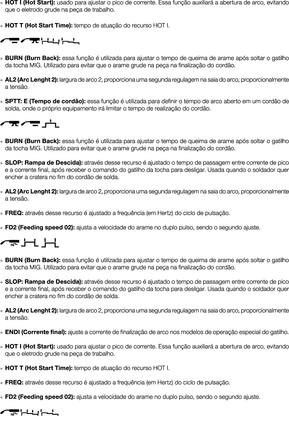   HOT I (Hot Start): usado para ajustar o pico de corrente  Essa função auxiliará a abertura de arco, evitando que o    