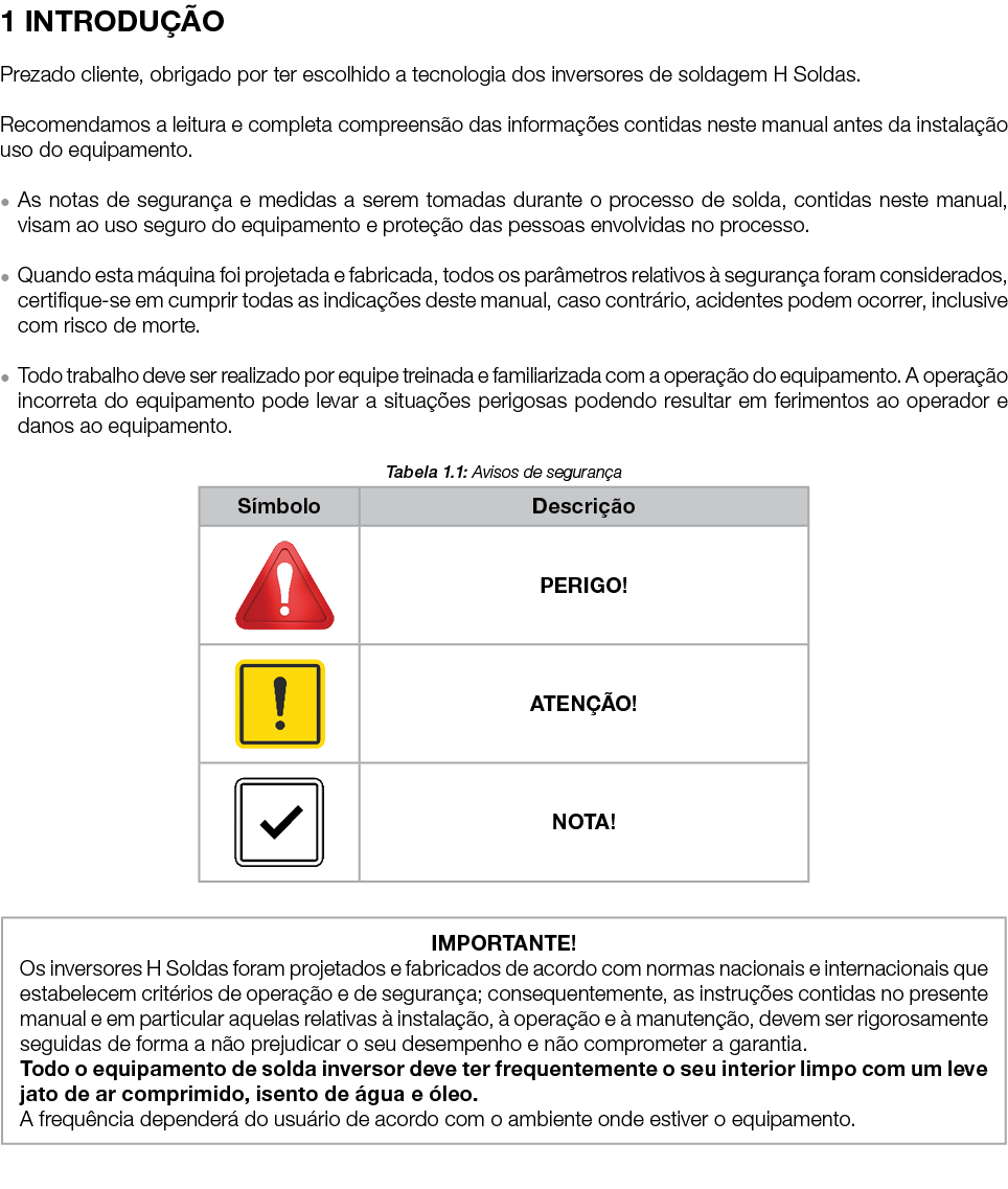 1 INTRODUÇÃO Prezado cliente, obrigado por ter escolhido a tecnologia dos inversores de soldagem H Soldas  Recomendam   
