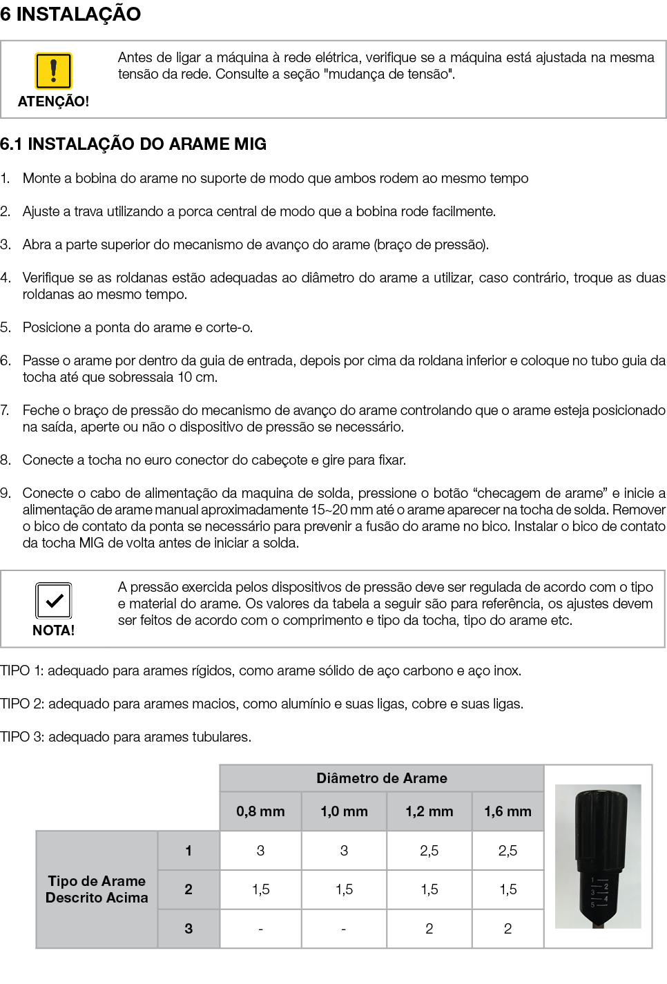 6 INSTALAÇÃO   6 1 INSTALAÇÃO DO ARAME MIG 1  Monte a bobina do arame no suporte de modo que ambos rodem ao mesmo tem   