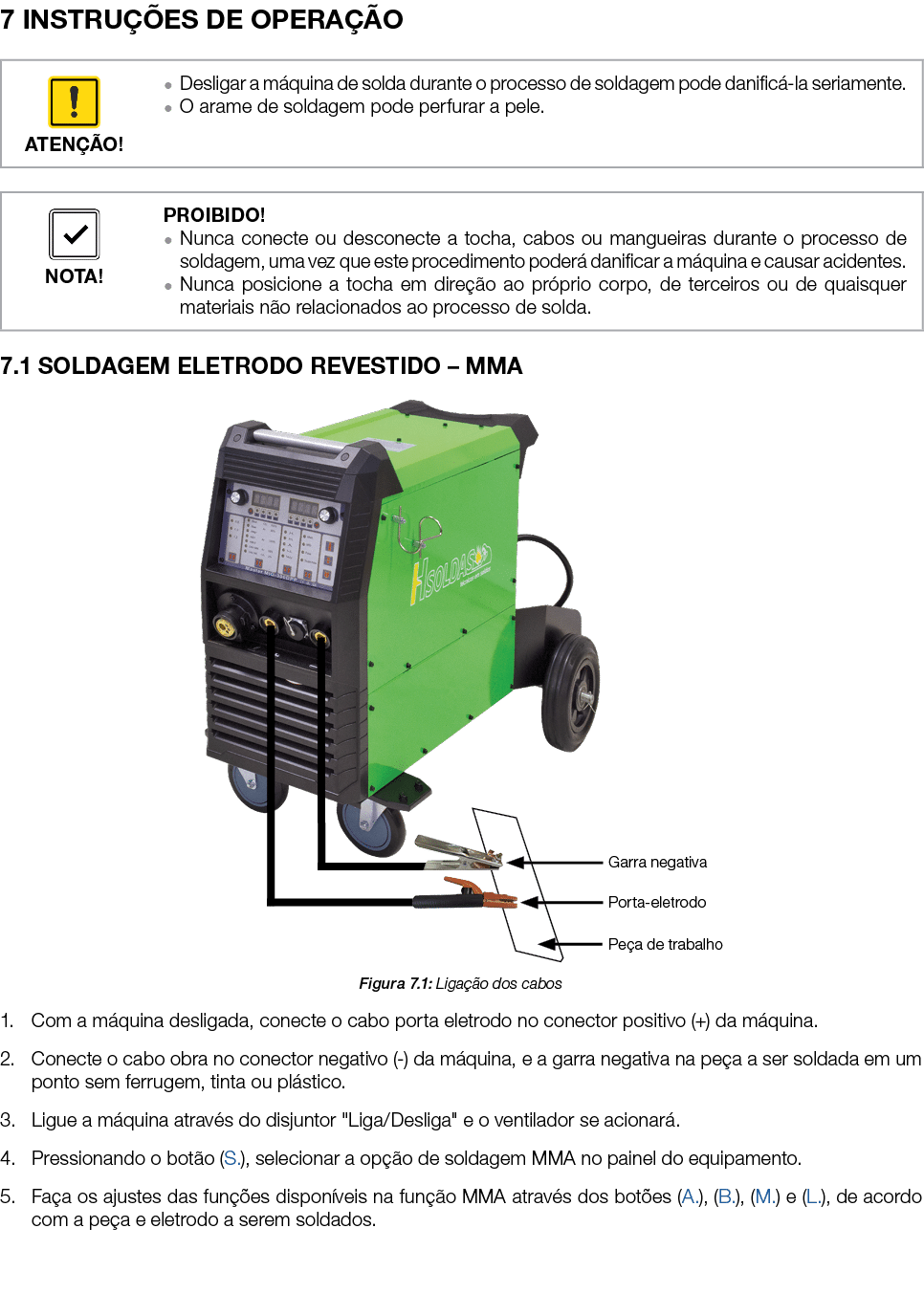 7 INSTRU ES DE OPERA  O 7.1 SOLDAGEM ELETRODO REVESTIDO – MMA ￼ Figura 7.1: Liga  o dos cabos 1. Com a m quina desli...