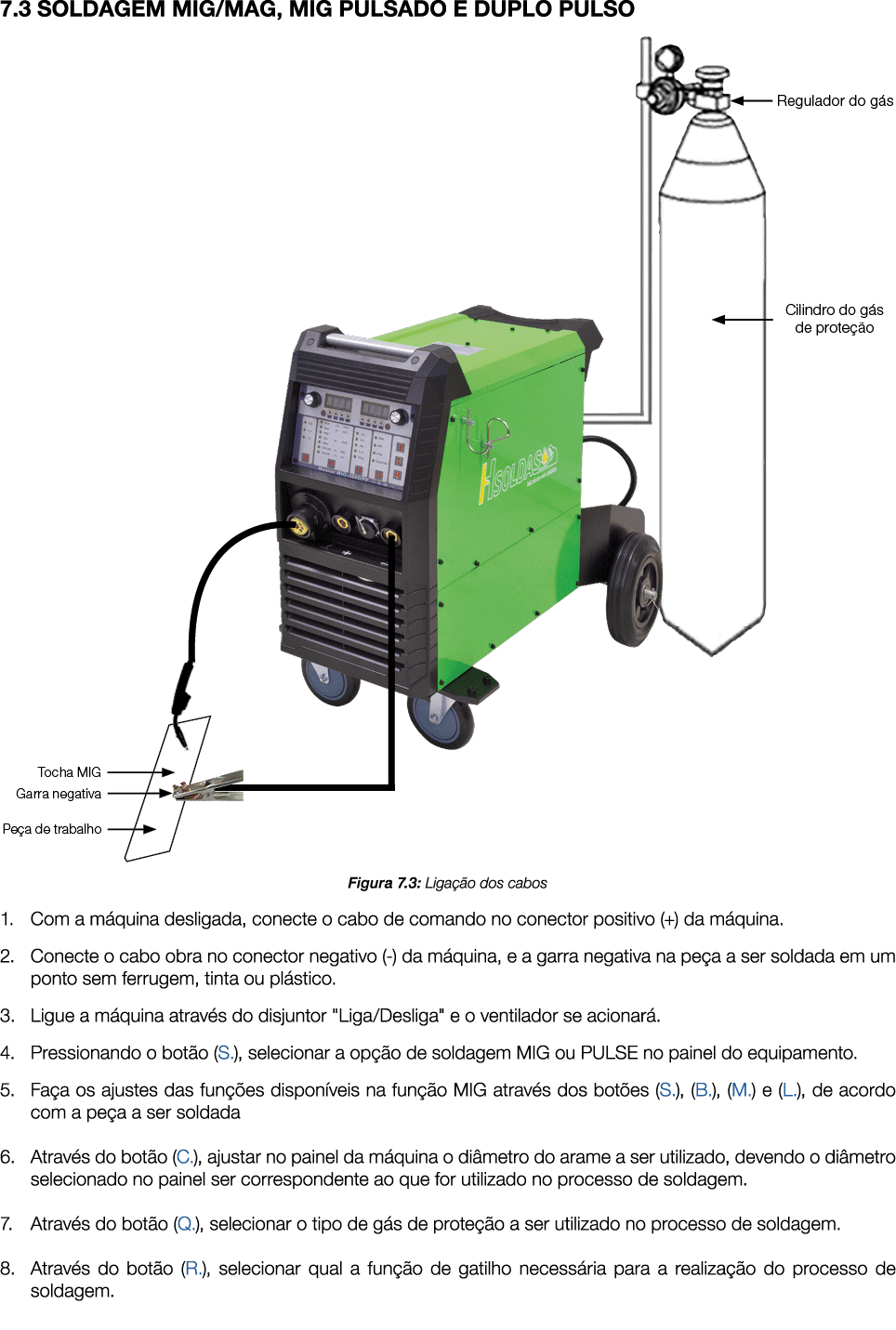 7.3 SOLDAGEM MIG/MAG, MIG PULSADO E DUPLO PULSO ￼ Figura 7.3: Liga o dos cabos 1. Com a m quina desligada, conecte o...