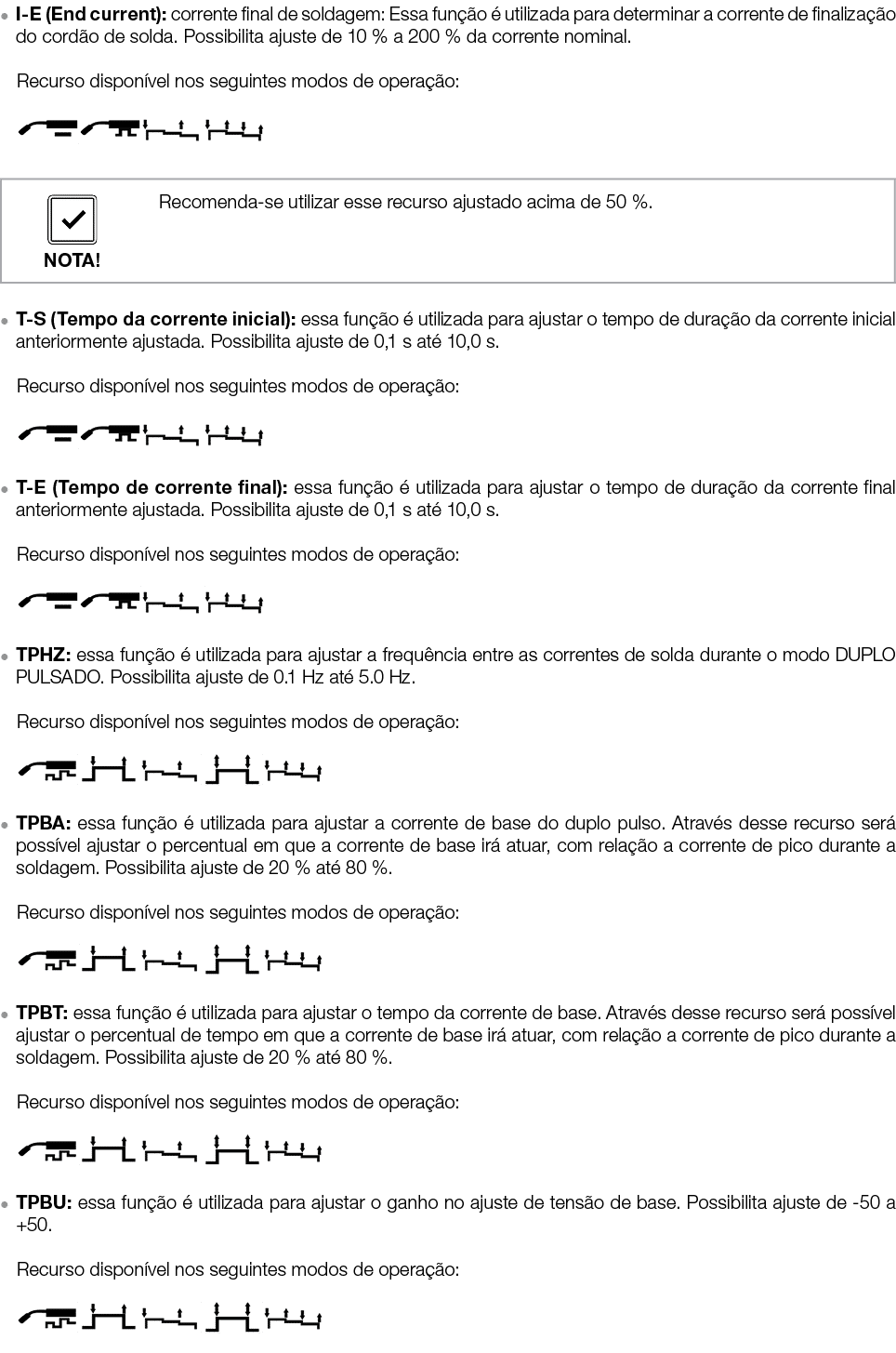 ● I E (End current): corrente final de soldagem: Essa fun o   utilizada para determinar a corrente de finaliza  o do...