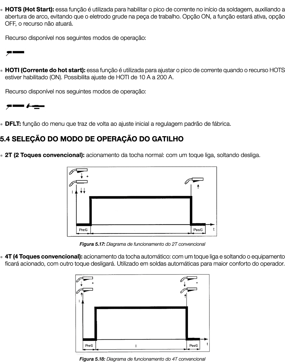  ● HOTS (Hot Start): essa fun o   utilizada para habilitar o pico de corrente no in cio da soldagem, auxiliando a ab...