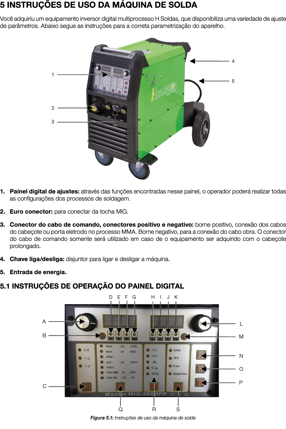 5 INSTRU ES DE USO DA M QUINA DE SOLDA Voc  adquiriu um equipamento inversor digital multiprocesso H Soldas, que dis...