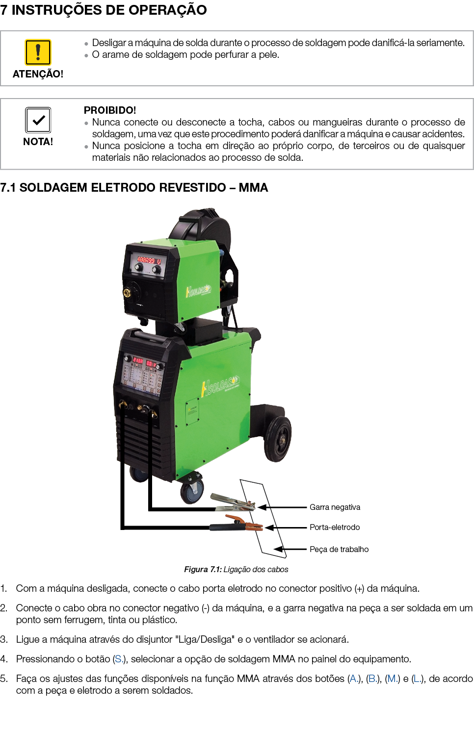 7 INSTRU ES DE OPERA  O 7.1 SOLDAGEM ELETRODO REVESTIDO – MMA ￼ Figura 7.1: Liga  o dos cabos 1. Com a m quina desli...