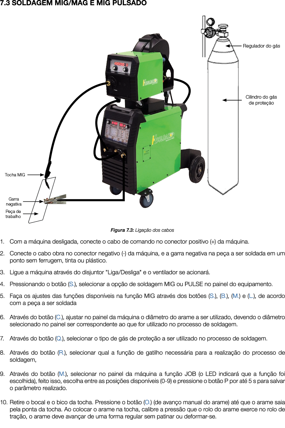 7.3 SOLDAGEM MIG/MAG e MIG PULSADO ￼ Figura 7.3: Liga o dos cabos 1. Com a m quina desligada, conecte o cabo de coma...